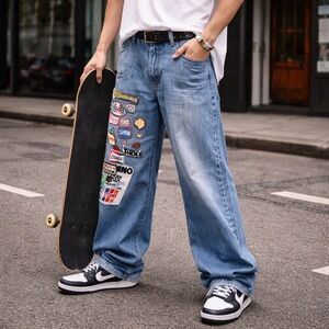 Vintage 90s Parasuco Wide Leg Jeans with Racing Patches | Y2K Statement Denim